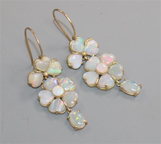 A pair of yellow metal and white opal cluster drop earrings, stamped 9ct, 29mm.